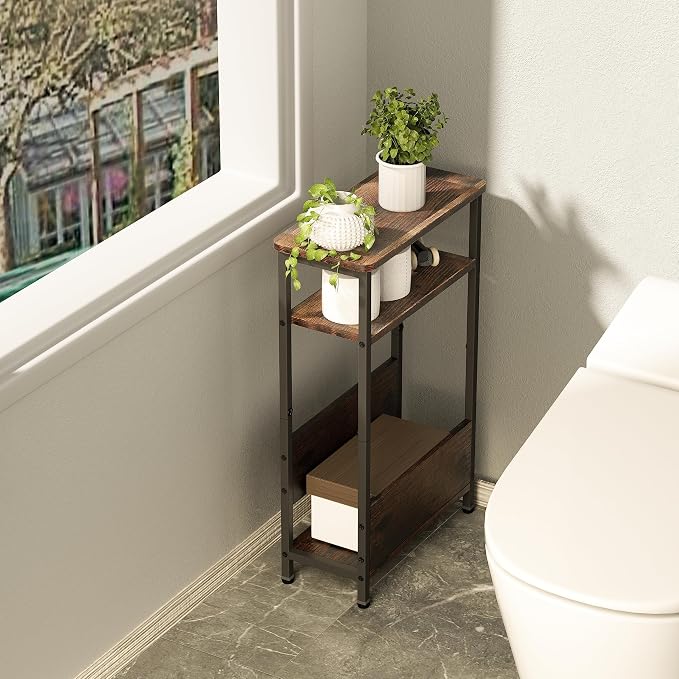 THUMEYE 7.1" Narrow Side Table for Small Spaces, 3 Tier Small End Table with Magazine Holder, Slim/Skinny Nightstand/Bedside Table for Living Room, Bedroom, 15.4" L x 24.2" H