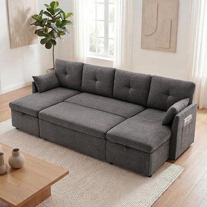 Huatean Home 100" Oversized Sleeper Sofa Couch, 2 in 1 Pullout Couch Bed with Side Pockets for Living Room, Sectional Sleeper Sofa Bed with Double Storage Chaise, Darkgrey