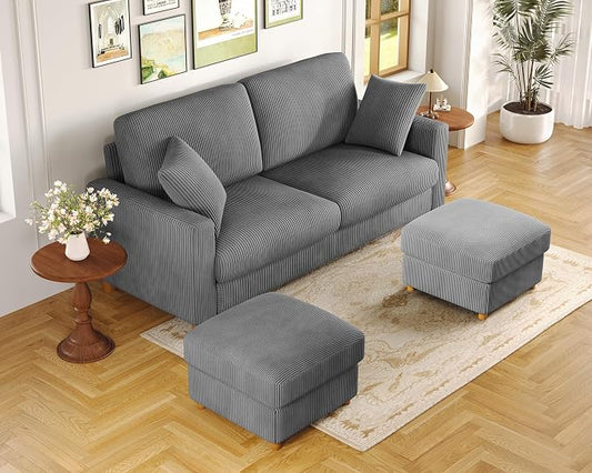 Kidirect 70in U Shaped Couch, Modular Sofa No Tool Assembly, Comfy Sectional Couches for Living Room 21in Deeper Seats, Corduroy Sofas for Living Room with 2 Pillows, Loveseat Sofa Set, Grey Couch