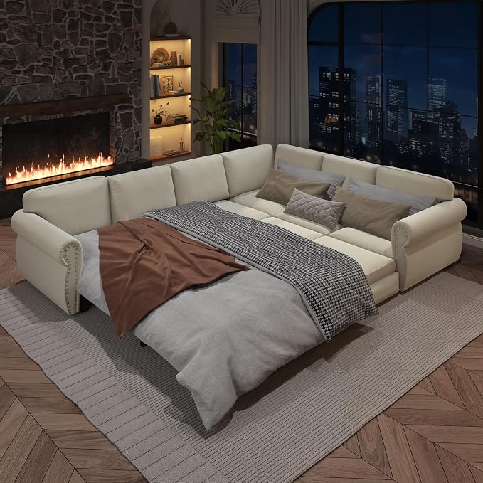 118" L-Shaped Sleeper Couch Bed - Oversize Convertible with Pull-Out Sofa Bed, Button Tufted Chesterfield Sofa, Chenille Sectional Vintage Couches for Living Room/Apartment(6-Seater, Beige)