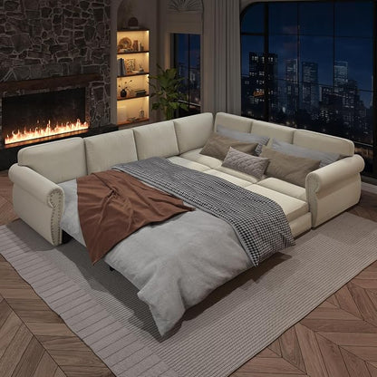 118" L-Shaped Sleeper Couch Bed - Oversize Convertible with Pull-Out Sofa Bed, Button Tufted Chesterfield Sofa, Chenille Sectional Vintage Couches for Living Room/Apartment(6-Seater, Beige)