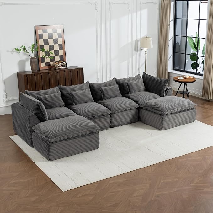 Boneless Couch Sectional Sofas Cloud Couches for Living Room | 130'' Modern Modular Cloud Sofa with Pillows and Ottoman for Bedroom