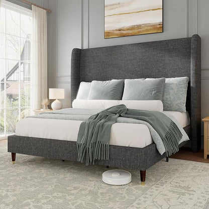 Jocisland King Size Bed Frame 51.2" Wingback Headboard Linen Upholstered Platform Bed,Solid Wood Legs & Wooden Slats,No Box Spring Needed,Noise-Free,for Family Master Suite Cozy Home,Dark Grey