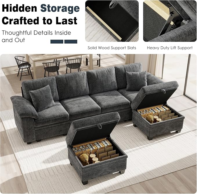Ihanherry 108" Modular Sectional Sofa with Pull Out Bed, 6-Seater U Shaped Sectional Sleeper Couch with Storage Ottoman, Chenille Convertible Couches for Living Room, Apartment (Grey)