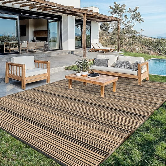 GENIMO Outdoor Rug for Patio Clearance, 10'x14' Reversible Plastic Straw Rugs, Lightweight Waterproof RV Camping Mat for Camper, Balcony, Deck, Backyard, Picnic, BlackBrown