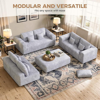 Luxanimarion 136'' Large Sectional Cloud Couches with Chaise, U Shaped Boneless Loveseat Sofa, No Assembly Required Deep Seat Modular Lounge for Living Room 3PCS Set, Bedroom(Light Grey)