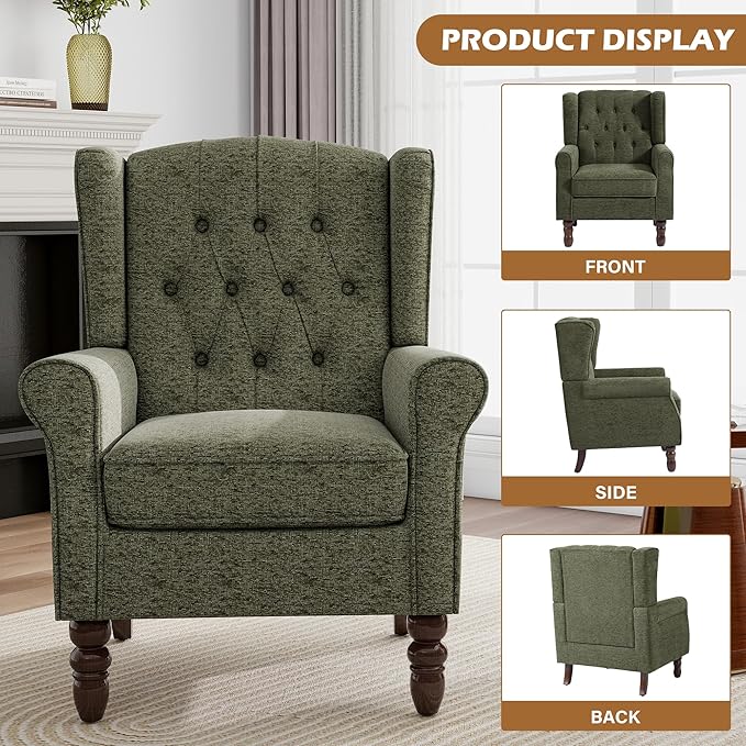 Mid-Century Modern 2-Piece Wingback Chair Set - Plush Upholstered Accent Chairs with Solid Wood Legs, High Back Lounge Seating for Living Room, Bedroom & Office - Retro Matched Pair (Dark Green)