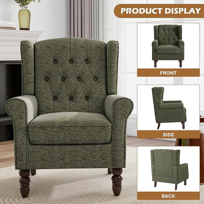Mid-Century Modern Wingback Chair - Plush Upholstered Accent Armchair with Solid Oak Legs, Ergonomic High Back Lounge Chair for Living Room, Bedroom Office - Retro Modern Reading Chair Dark Green