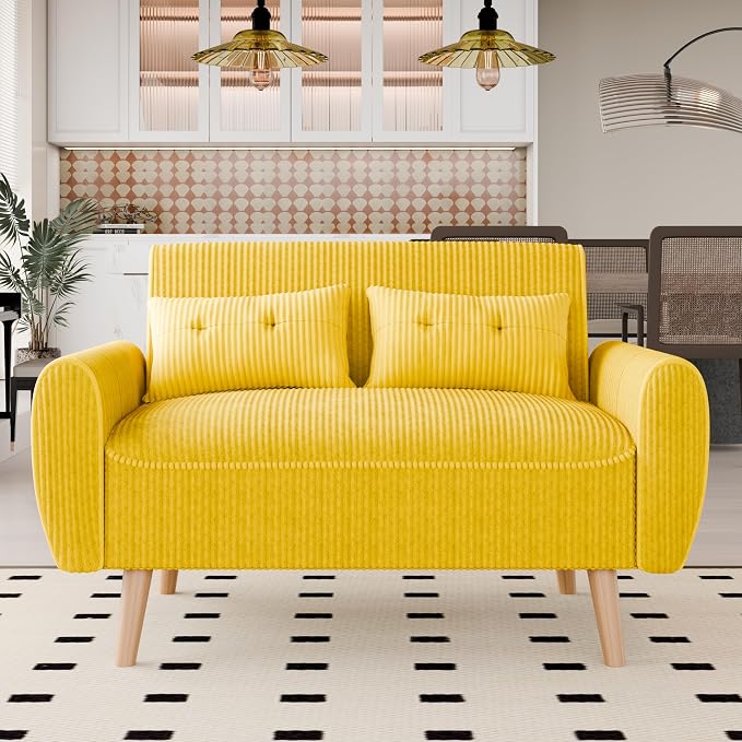 Vongrasig 48" Small Modern Loveseat Sofa, Mid Century Soft Corduroy Fabric 2-Seat Sofa Couch Tufted Love Seat with Back Cushions and Tapered Legs for Living Room, Bedroom and Small Space (Yellow)