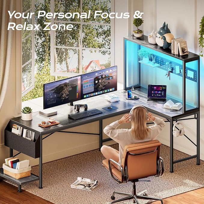 PRAISUN L Shaped Gaming Desk with LED Lights & Power Outlets, Reversible Computer Desk with Storage Shelves & Bag, Large Corner Home Office Desk with Pegboard for Work from Home, Grey