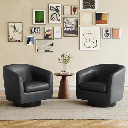 360° Swivel Barrel Accent Chair Armchair, PU Leather Round Club Arm Chair for Lving Room, Modern Upholstered Small Bedroom Single Sofa Seat - Black, Set of 2