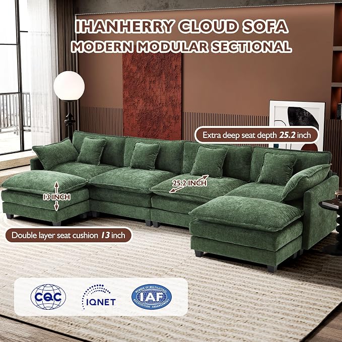 Ihanherry 146" U-Shaped Modern Sofa Modular Sectional Cloud Couch with 2 Ottoman, 6-Seat Chenille Deep Seat Sofa with 6 Pillows for Living Room, Bedroom and Apartment, Green