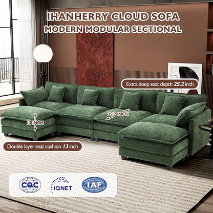 Ihanherry 146" U-Shaped Modern Sofa Modular Sectional Cloud Couch with 2 Ottoman, 6-Seat Chenille Deep Seat Sofa with 6 Pillows for Living Room, Bedroom and Apartment, Green