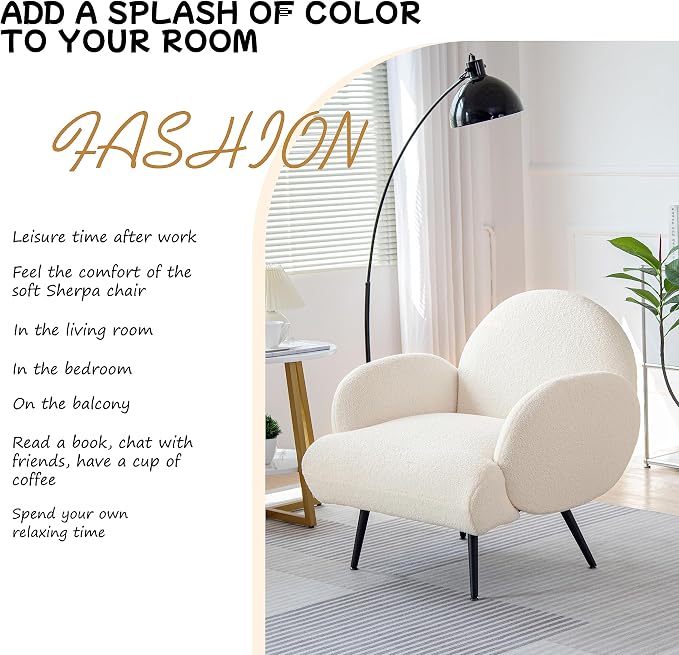 Accent Chair White with Black Metal Legs,Reading Chair for Bedroom Comfy, Boucle Sherpa Chair for Living Room, Bedroom