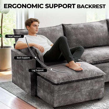LEVELEVE 147" U-Shape Modular Sofa with 2 Ottomans, Deep Seat Cloud Convertible Sleeper, 2 Arm Pillows, Cozy Large Upholstered Furniture for Living Room Apartment, Dark Grey