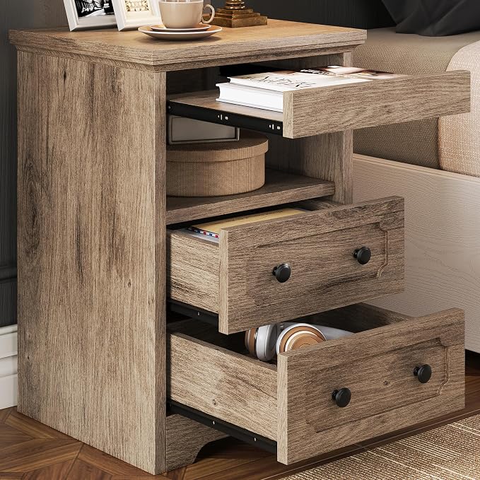 LIKIMIO Night Stand, Modern Bedside Table with 2 Drawers, Open Shelf, End Table with Pull-Out Tray, Wood SideTable, Grey Oak