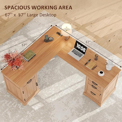 Whalefall 67'' Farmhouse L-Shaped Desk with Drawers for Home Office, Walnut | Computer Corner Desk with File Cabinet and Charging Station, Large Executive L Desk with Locking Drawers Storage