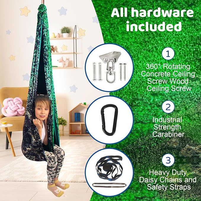 HiCamer Sensory Swing for Kids & Adults Holds 300lbs Indoor/Outdoor Therapy Cuddle Swing with 360° Swivel Hanger Kit (Crystal Green)