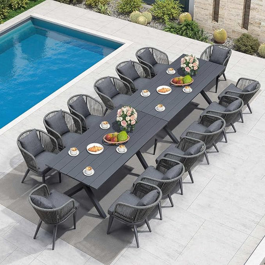 PURPLE LEAF 16 Pieces Patio Dining Set Wicker Outdoor Furniture Rectangular Table and Chairs Set for Garden Deck Aluminum Frame Backyard Kitchen Set, Cushions and Pillows Included Grey