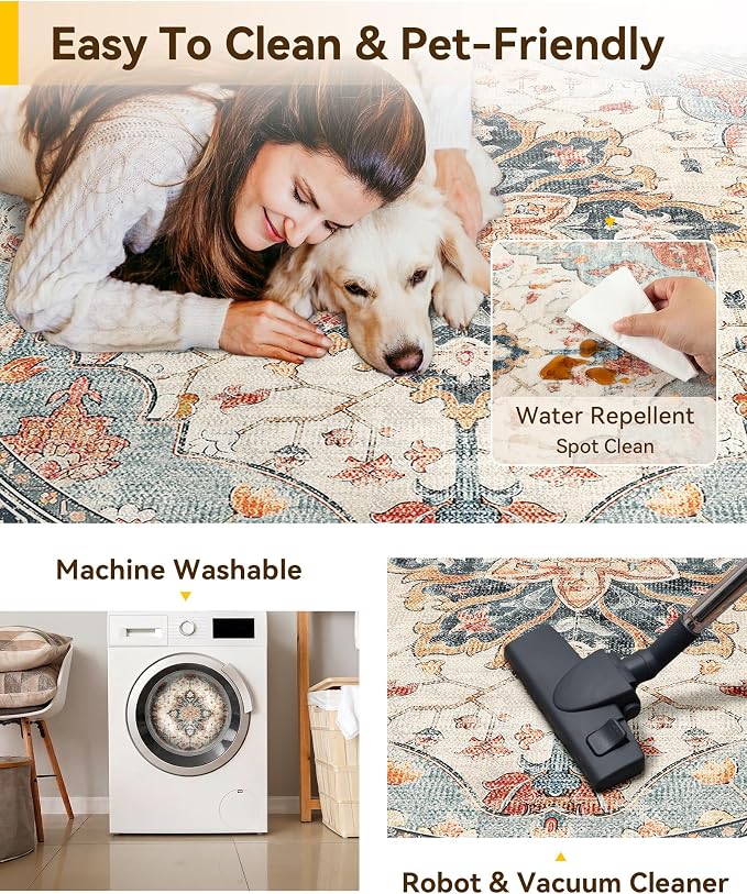 RELEANY Area Rugs Round 4ft Washable Non-Slip, Floral Vintage Distress Medallion Carpet for Living Room Bedroom Dining Room, Beige Navy Blue Orange Colorful