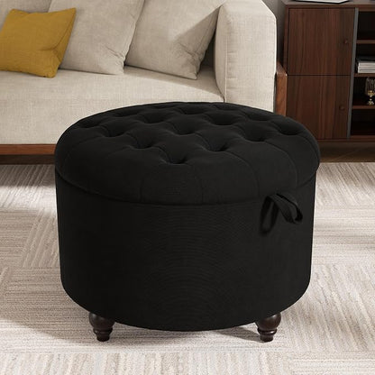 24 Inch Round Storage Ottoman,Modern Tufted Ottomans,Circular Coffee Table with Removable Top,Upholstered Large Ottoman with Storage Footrest Stool for Bedroom Living Room (Black)