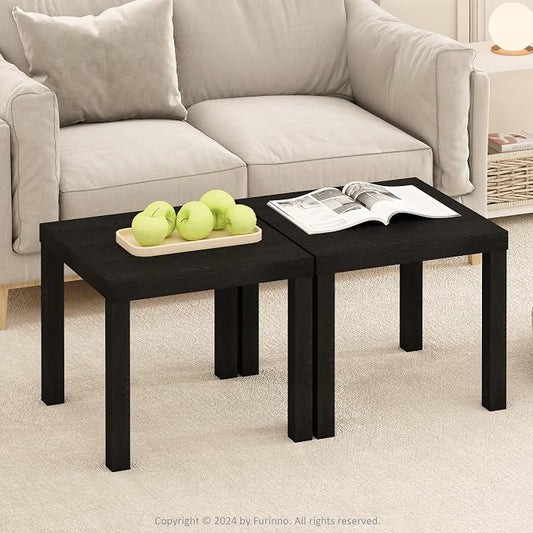 Furinno Classic Coffee Table Set of 2, Square Modern Coffee Table with Triple Thick Tabletop, Side Table with 4 Legs, for Living Room, Bedroom, Home Office, Black