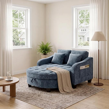 ERYE Chenille Tufted Loveseat Sofa and Ottoman Set, Tufted Recliner Sleeper Chaise Lounge with Curved Storage Ottoman,Reclining Backrest and Side Pockets, 4 Pillows