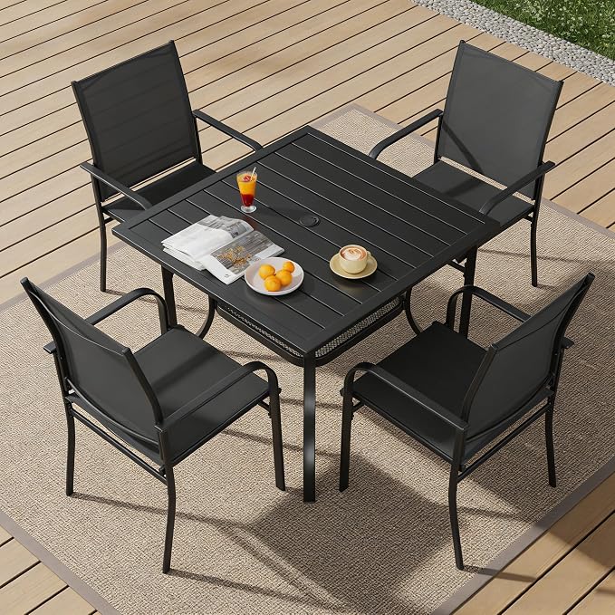 SUNCROWN 5 Pieces Outdoor Dining Set, Patio Furniture Set with 4 x Textilene Dinning Chairs and 1 Steel Slat Metal Bistro Table for Lawn Garden Backyard Poolside Deck, Black