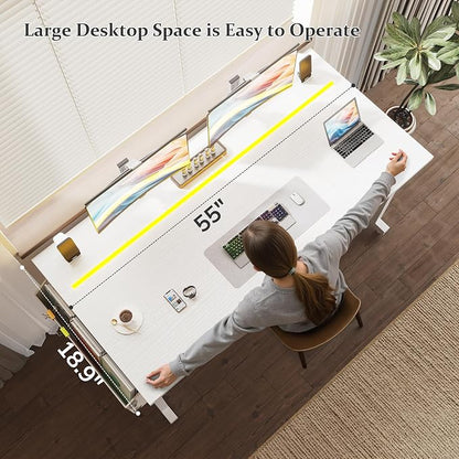 DurayLoly 55 Inch White Computer Desk with LED Lights, Office Desk with Storage Bag for Home Office, Gaming Desk with Headphone Hook for Study Writing Work Desk,Sturdy Metal Frame