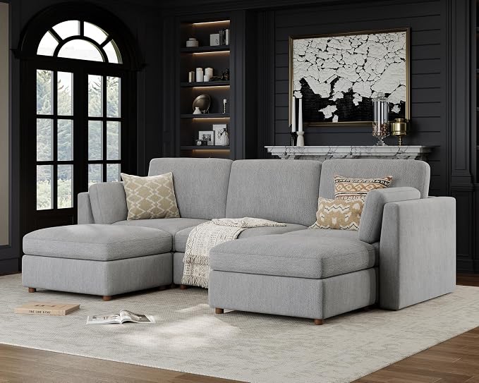 Oversized Modular Sectional Sofa U-Shaped Cloud Couches Gray | 116'' Deep Seat Couch for Living Room, 5-Seater Luxury Corner sofa with Ottoman, Solid Wood Frame, Removable Washable Cover