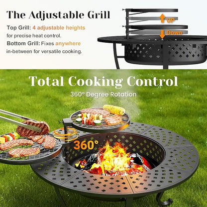 Outdoor Fire Pit, 43" Fire Pit for Outside Wood Burning with Adjustable 2 Grills, Firepit with Lid and Fire Poker, BBQ, Bonfire, Round Outdoor Fireplace 3 in 1 for Patio, Backyard, Garden, Camping