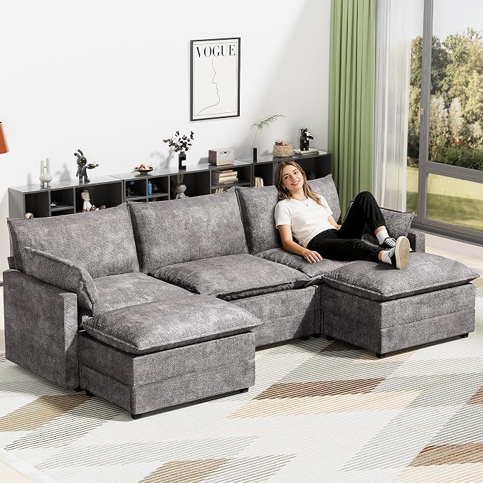 LEVELEVE 112.5" U-Shape Modular Sofa with 2 Ottomans, Deep Seat Cloud Convertible Sleeper, 2 Arm Pillows, Cozy Upholstered Furniture for Living Room Apartment, Dark Grey