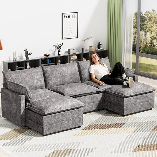 LEVELEVE 112.5" U-Shape Modular Sofa with 2 Ottomans, Deep Seat Cloud Convertible Sleeper, 2 Arm Pillows, Cozy Upholstered Furniture for Living Room Apartment, Dark Grey