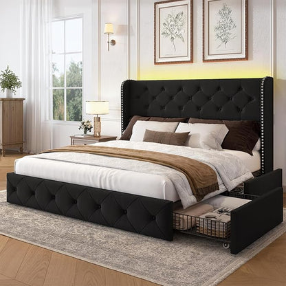 LARMACE Queen Size Bed Frame with LED Lights and 4 Storage Drawers Velvet Upholstered Platform Bed Frame with 47.2" Tall Tufted Headboard Wingback, No Box Spring Needed, Easy to Assemble, Black