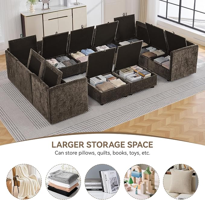 130" Brown Oversized Modular Storage Sofa, U Shaped Chenille Cloud Couch | Oversized Convertible Sectional Sofa, 9-Seat Sectional Couch With 2 Ottomans, Large Cloud Couch For Living Room, Apartment.