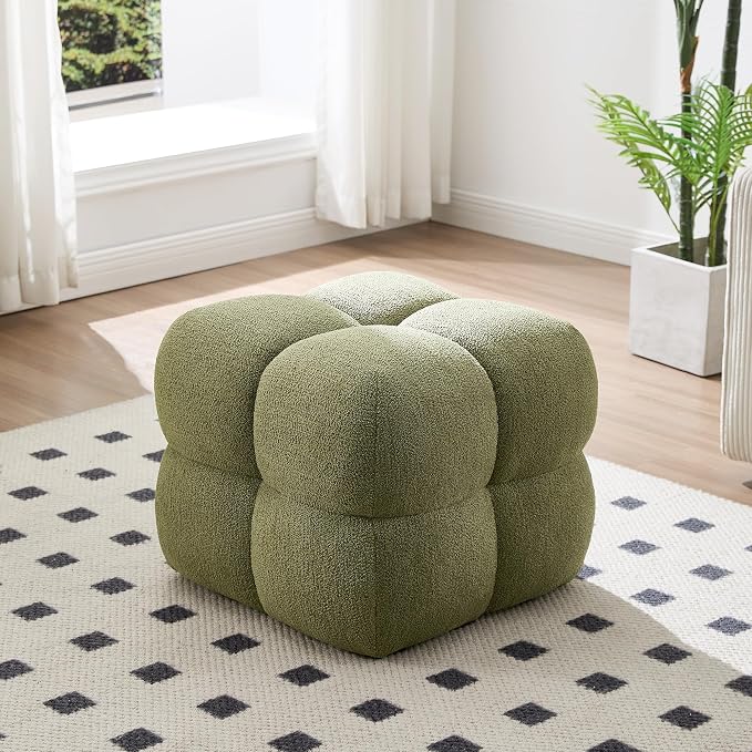 Zesthouse Square Pouf Ottomans Footstool Set of 2, Upholstered Poofy Ottoman for Couch Sofa, Modern Vanity Chair Backless for Living Room, Green Boucle Stool Foot Rest, Fabric Ottoman Coffee Table