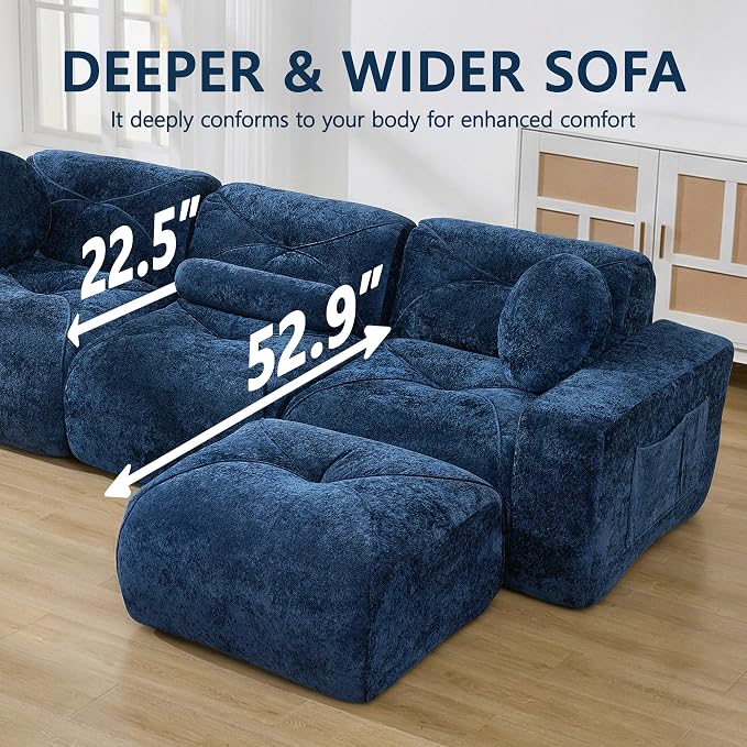 112" Modular Sectional Cloud Couch, L Shaped Sofa Boneless Couches with Movable Ottoman, 3 Deep Seat Modern Comfy Velvet Sofa for Living Room, Bedroom, Apartment (Blue)