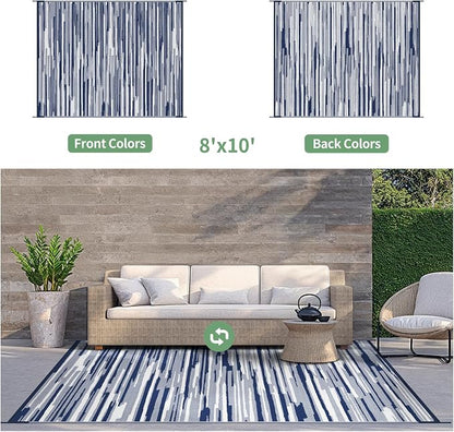 GENIMO Outdoor Rug for Patio Clearance, 8'x10' Waterproof Camping Mat, Reversible Plastic Straw Rugs for RV, Camper, Balcony, Backyard, Picnic, Deck (Blue White)