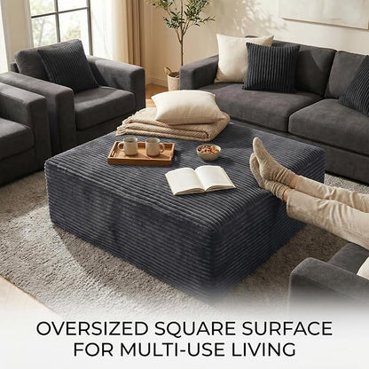 Oversized Boneless Ottoman for Living Room – Plush Square Corduroy Upholstered Couch Ottoman, Modern Low-Profile Footrest for Sectional & Modular Sofa-Black