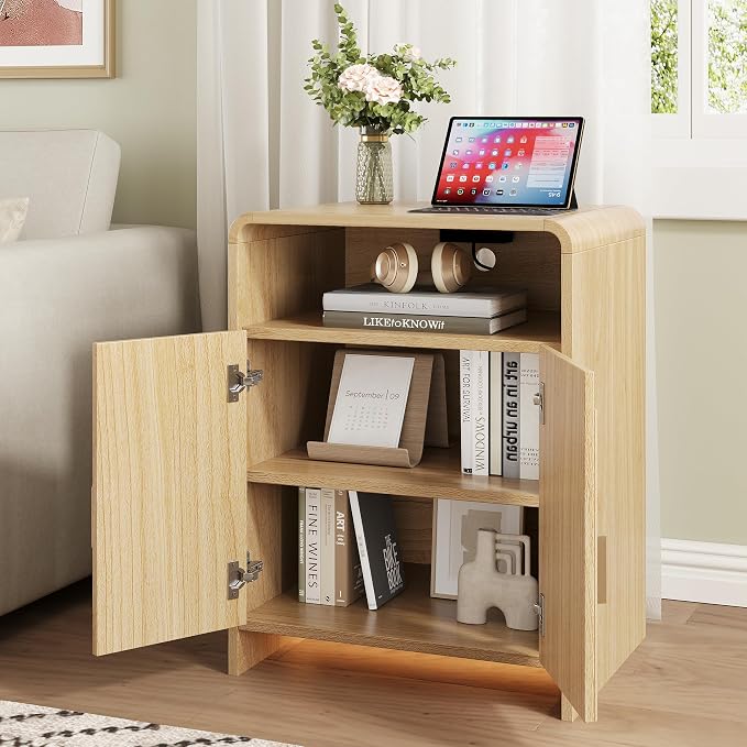 Nightstand with Charging Station and LED Lights, Night Stands with Adjustable Storage Cabinet, Modern Side Table with Fluted Doors and Open Storage, Bedside Table for Bedroom, Natural