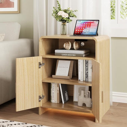 Nightstand with Charging Station and LED Lights, Night Stands with Adjustable Storage Cabinet, Modern Side Table with Fluted Doors and Open Storage, Bedside Table for Bedroom, Natural