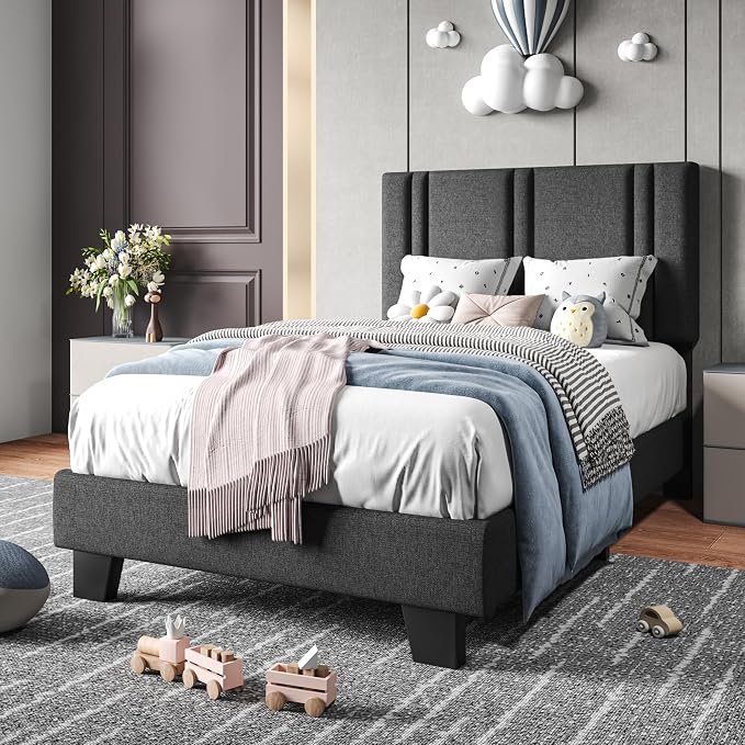 Einhomn Upholstered Twin Size Bed Frame with Linen Fabric Headboard, Strong Wooden Slats Support, Noise Free, No Box Spring Needed, Dark Grey