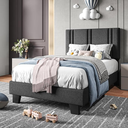 Einhomn Upholstered Twin Size Bed Frame with Linen Fabric Headboard, Strong Wooden Slats Support, Noise Free, No Box Spring Needed, Dark Grey