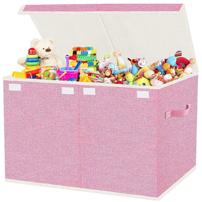 Large Collapsible Toy Storage Box with Lid & Handles - Kids Organizer Chest for Toys, Clothes, Blankets (Pink, Nursery, Playroom, Bedroom)-24.5''×13''×16''