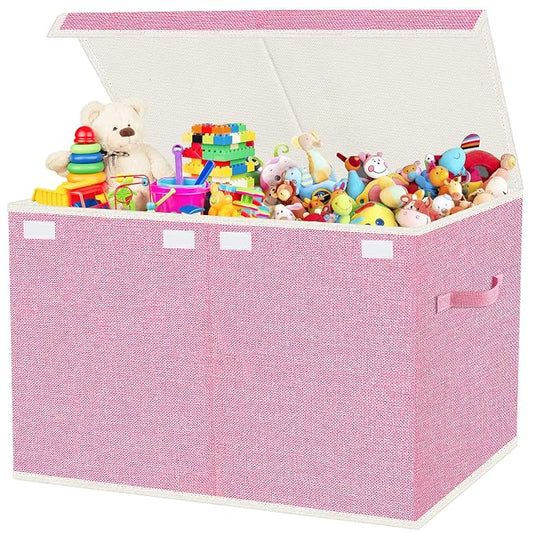 Large Collapsible Toy Storage Box with Lid & Handles - Kids Organizer Chest for Toys, Clothes, Blankets (Pink, Nursery, Playroom, Bedroom)-24.5''×13''×16''