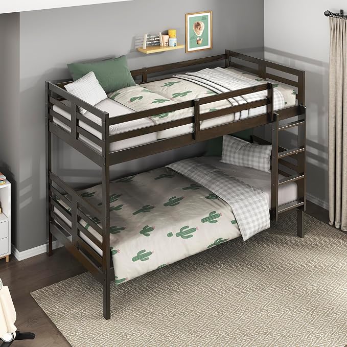 Lexicon Bunk Bed Twin Over Twin, Wooden Bed Frame with Sturdy Ladder and Safety Guard Rails, Modern Space-Saving Design, for Bedroom/Guest Room, No Box Spring Needed, Dark Brown