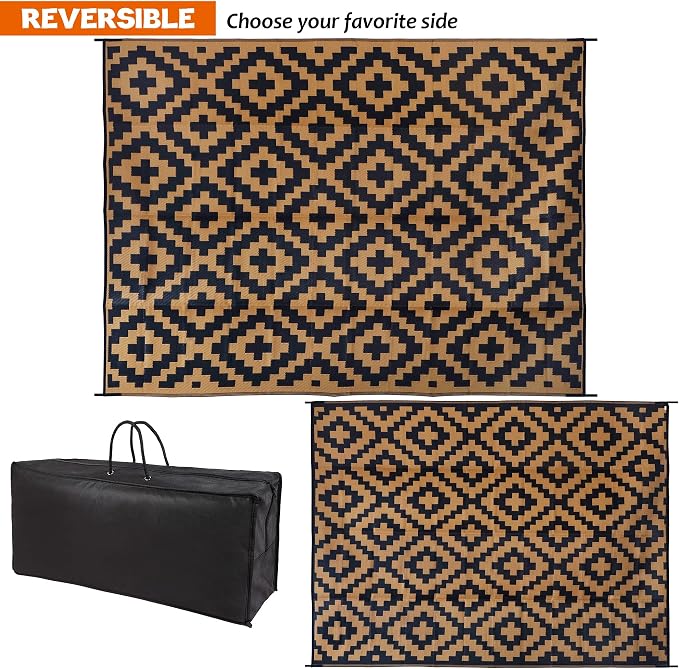 SAND MINE Reversible Mats, Plastic Straw Rug, Modern Area Rug, Large Floor Mat and Rug for Outdoors, RV, Patio, Backyard, Deck, Picnic, Beach, Trailer, Camping, Black & Brown, 9' x 12'