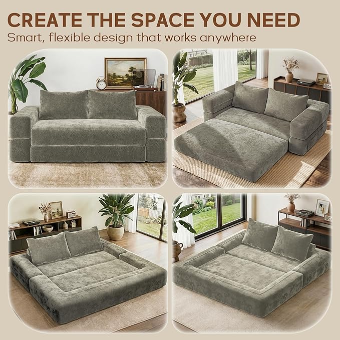 75'' Folding Convertible Sofa Bed with Large Pillow, 4-in-1 Foldable Pull Out Futon Sofa Bed, Chenille Boneless Mattress Couch, No Assembly Floor Sleeper Sofa Bed for Living Room/Bedroom, Light Brown