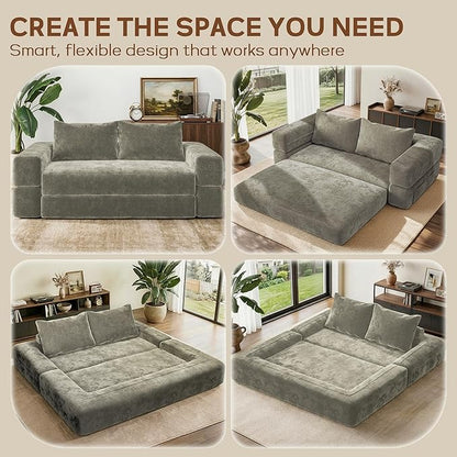 75'' Folding Convertible Sofa Bed with Large Pillow, 4-in-1 Foldable Pull Out Futon Sofa Bed, Chenille Boneless Mattress Couch, No Assembly Floor Sleeper Sofa Bed for Living Room/Bedroom, Light Brown