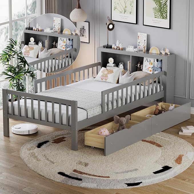 Kids Twin Size Bed Frame with Storage Drawers and Bookcase,Wood Twin Bed Frames for Kids,Twin Bed Frame with Headboard and Footboard for Boys Girls,No Box Spring Needed,Gray